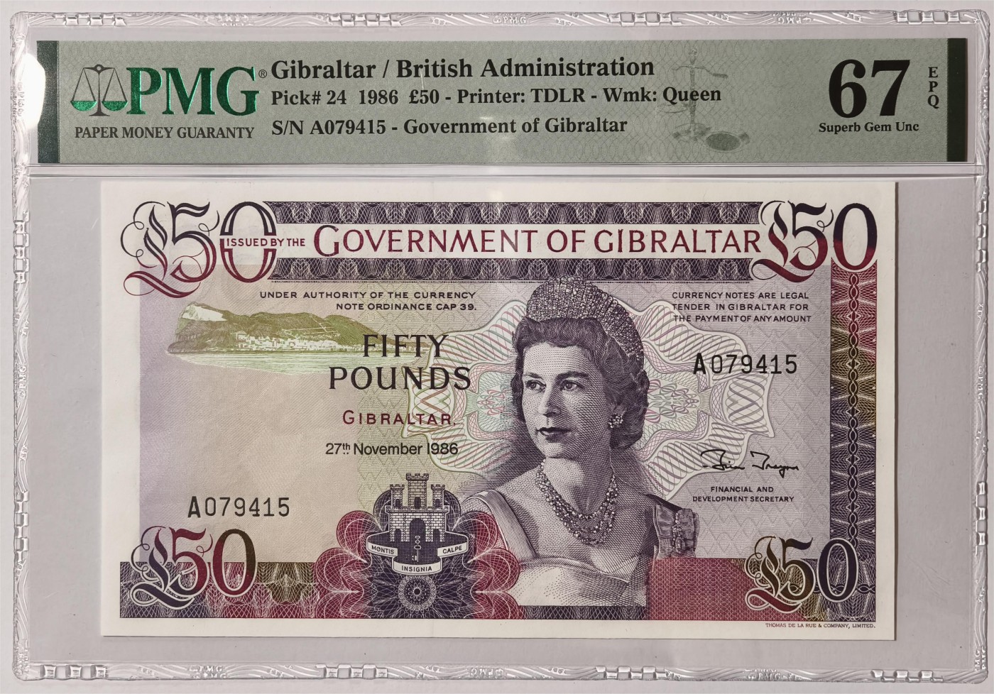 紫瑗钱币——第335期拍卖——纸币场 【首发A冠 PMG 67EPQ】 直布罗陀 1986年 伊丽莎白二世 高冠 50镑 (P-24)