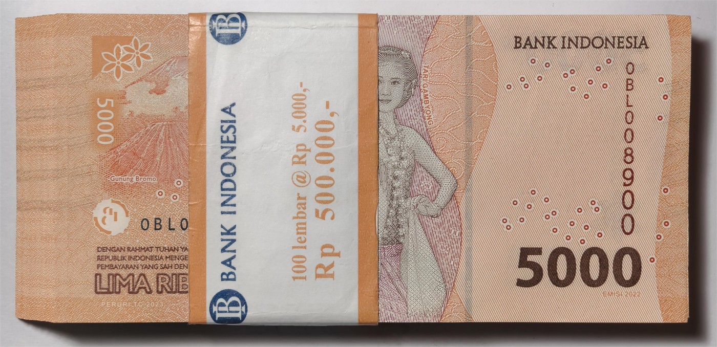 紫瑗钱币——第335期拍卖——纸币场 【好号码8888】印度尼西亚 2022年 5000卢比 整刀 100张连号 UNC
