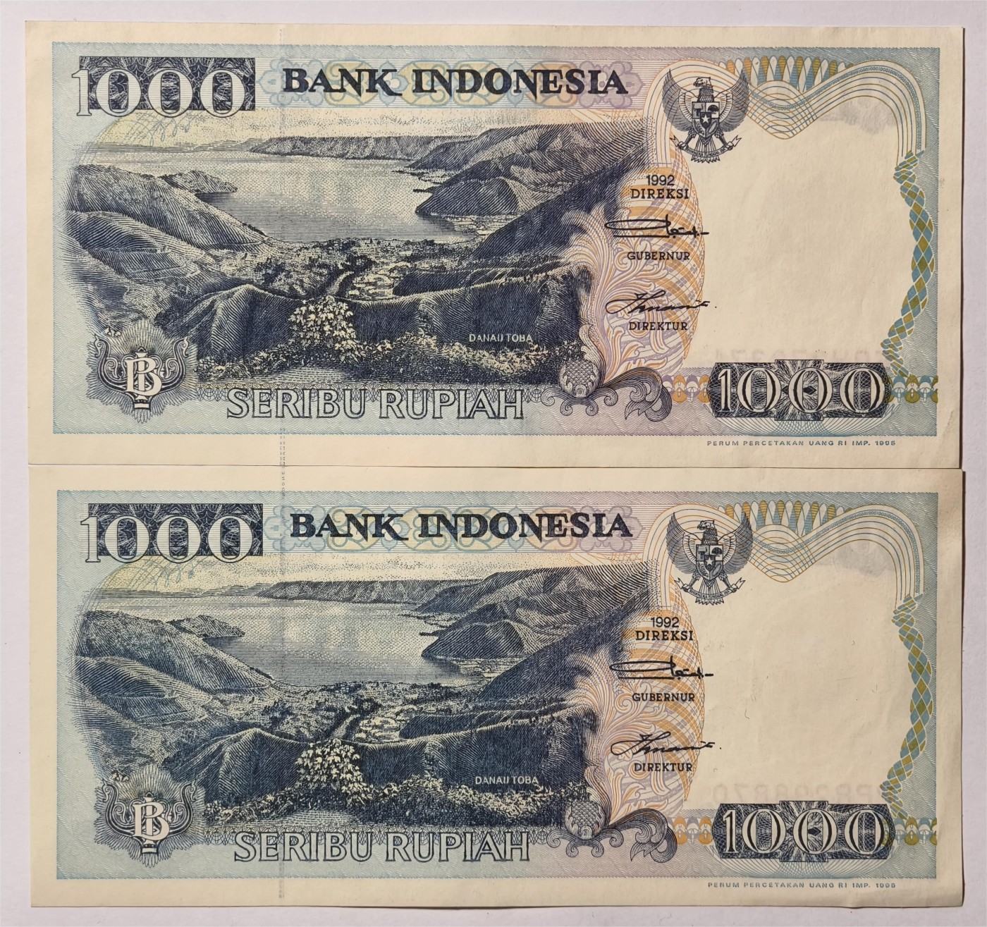 紫瑗钱币——第335期拍卖——纸币场 印度尼西亚 1992年 多巴湖 1000卢比 2枚一组 UNC-