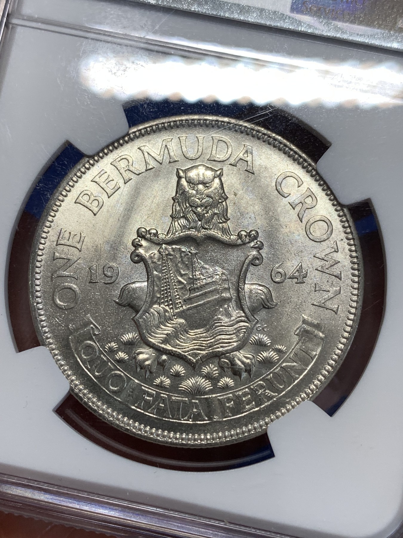 《竞宝斋》第253场-周日，周一，周二 3场连拍 (全场包邮) NGC MS64 英属百慕大1964年伊丽莎白二世青年头像1克朗银币 经典女王头像 