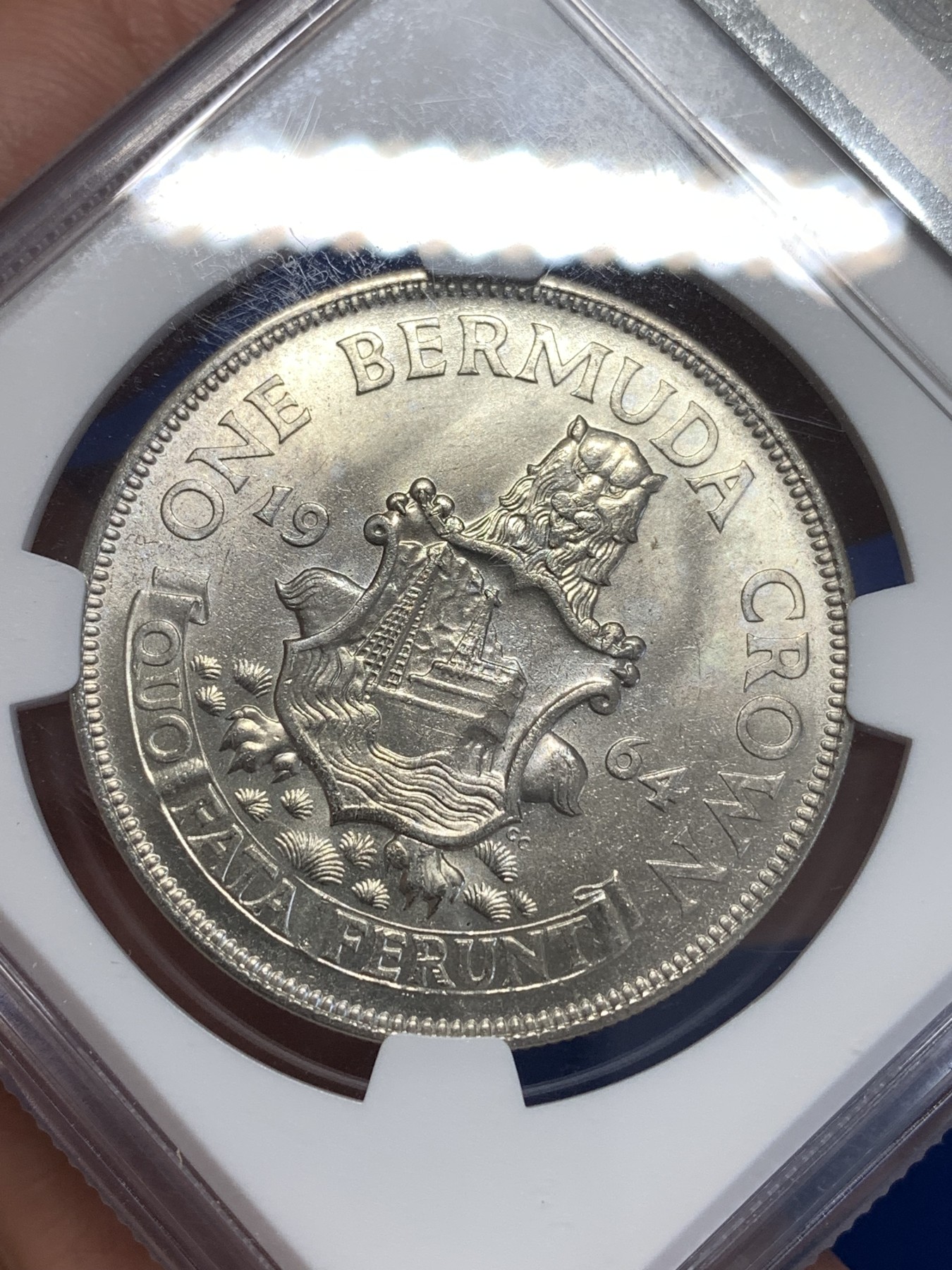 《竞宝斋》第253场-周日，周一，周二 3场连拍 (全场包邮) NGC MS64 英属百慕大1964年伊丽莎白二世青年头像1克朗银币 经典女王头像 