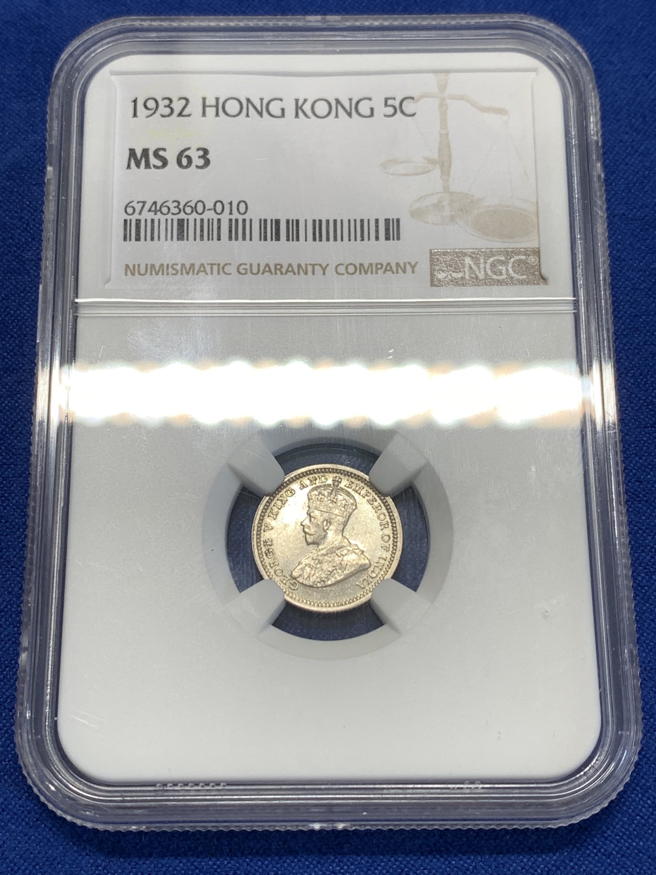 《竞宝斋》第253场-周日，周一，周二 3场连拍 (全场包邮) NGC MS63 香港 1932年 乔治五世 五仙 银币 淡黄彩