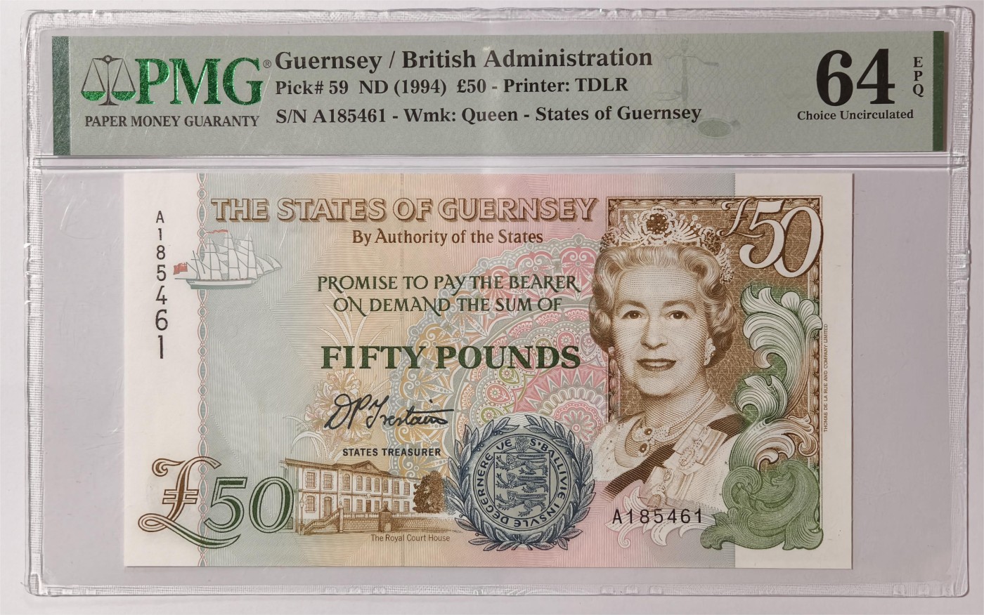 紫瑗钱币——第377期拍卖——纸币场 【首发A冠 PMG 64EPQ】格恩西 1994年 伊丽莎白二世 高冠 50磅 (P-59)