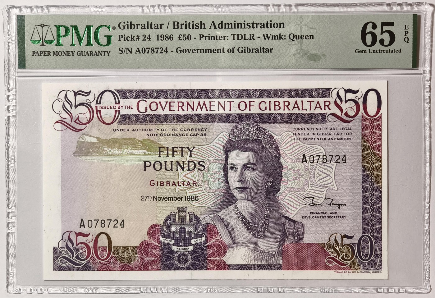 紫瑗钱币——第335期拍卖——纸币场 【首发A冠 PMG 65EPQ】 直布罗陀 1986年 伊丽莎白二世 高冠 50镑 (P-24)