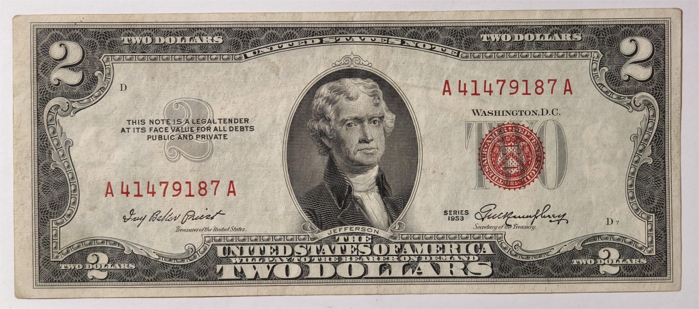紫瑗钱币——第335期拍卖——纸币场 美国 1953年 无序列 托马斯·杰斐逊 2美元 红印 政府券 流通品