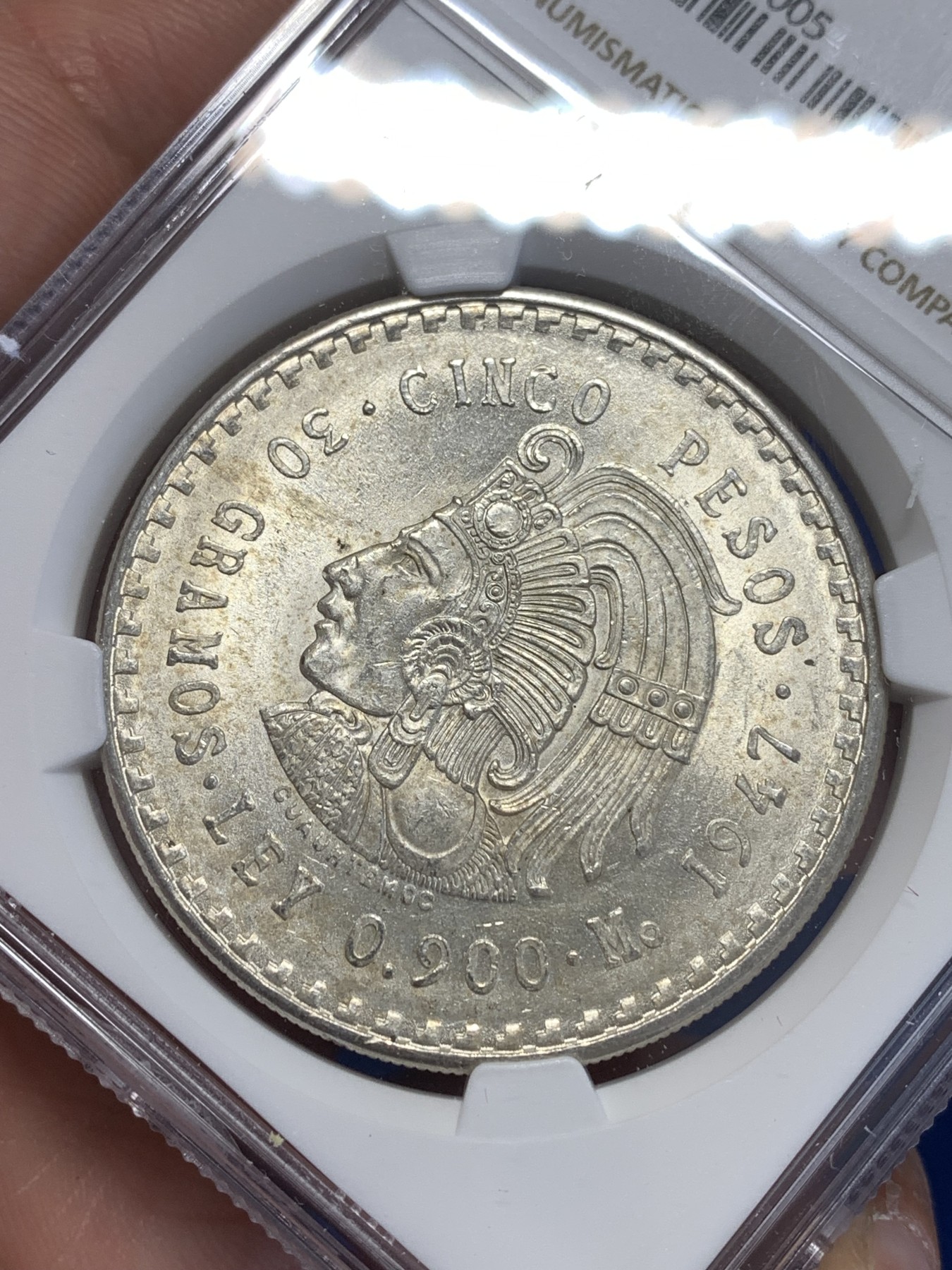 《竞宝斋》第253场-周日，周一，周二 3场连拍 (全场包邮) NGC MS63 1947年墨西哥印第安人5比索大银币 品相不错