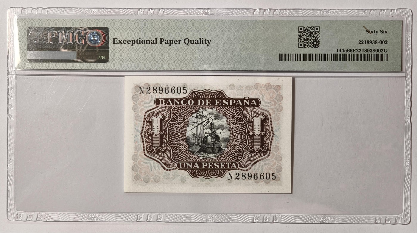 紫瑗钱币——第363期拍卖——纸币场 【PMG 66 EPQ】西班牙 1953年 圣克鲁斯侯爵 阿尔瓦罗·德·巴赞 1比塞塔 (P-144a)