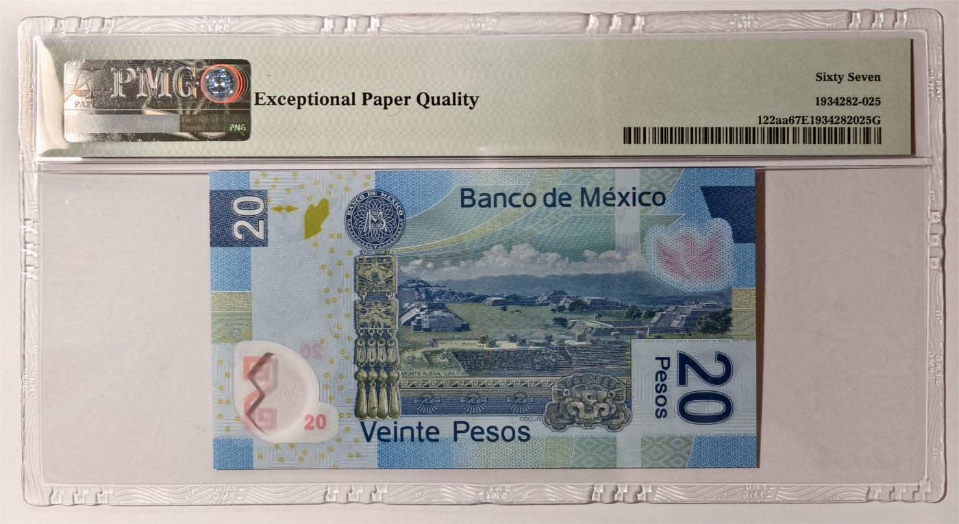 紫瑗钱币——第335期拍卖——纸币场 【首发A冠 PMG 67EPQ】墨西哥 2016年 墨西哥银行 20比索 （P-122aa）