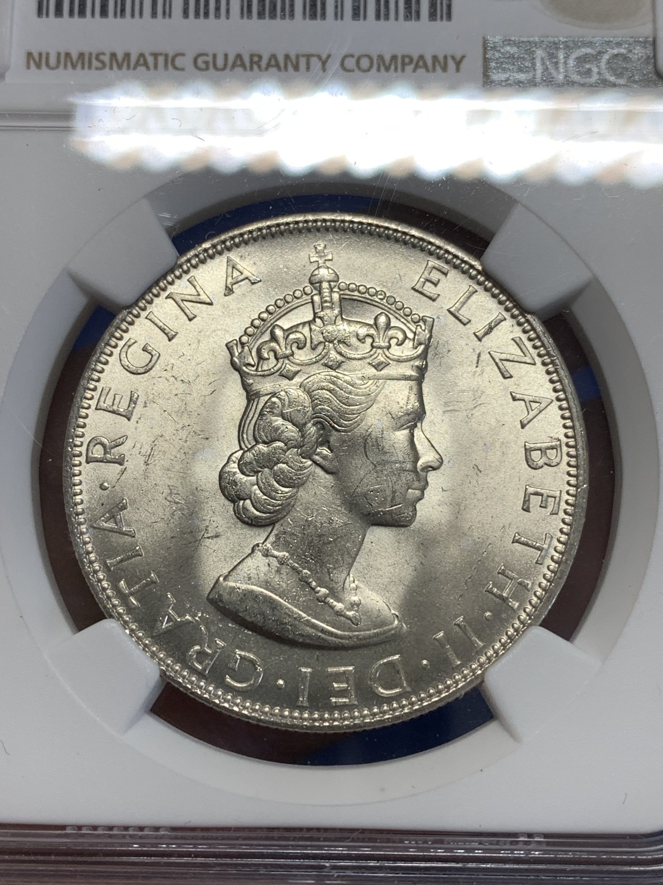 《竞宝斋》第253场-周日，周一，周二 3场连拍 (全场包邮) NGC MS64 英属百慕大1964年伊丽莎白二世青年头像1克朗银币 经典女王头像 