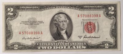 紫瑗钱币——第335期拍卖——纸币场 - 美国 1953年 A序列 托马斯·杰斐逊 2美元 红印 政府券 流通品