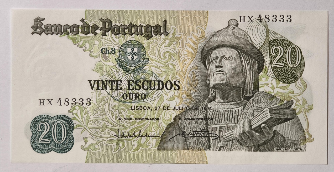 紫瑗钱币——第335期拍卖——纸币场 【豹子号3】葡萄牙 1971年7月27日 加西亚·德·奥尔塔 20埃斯库多 UNC