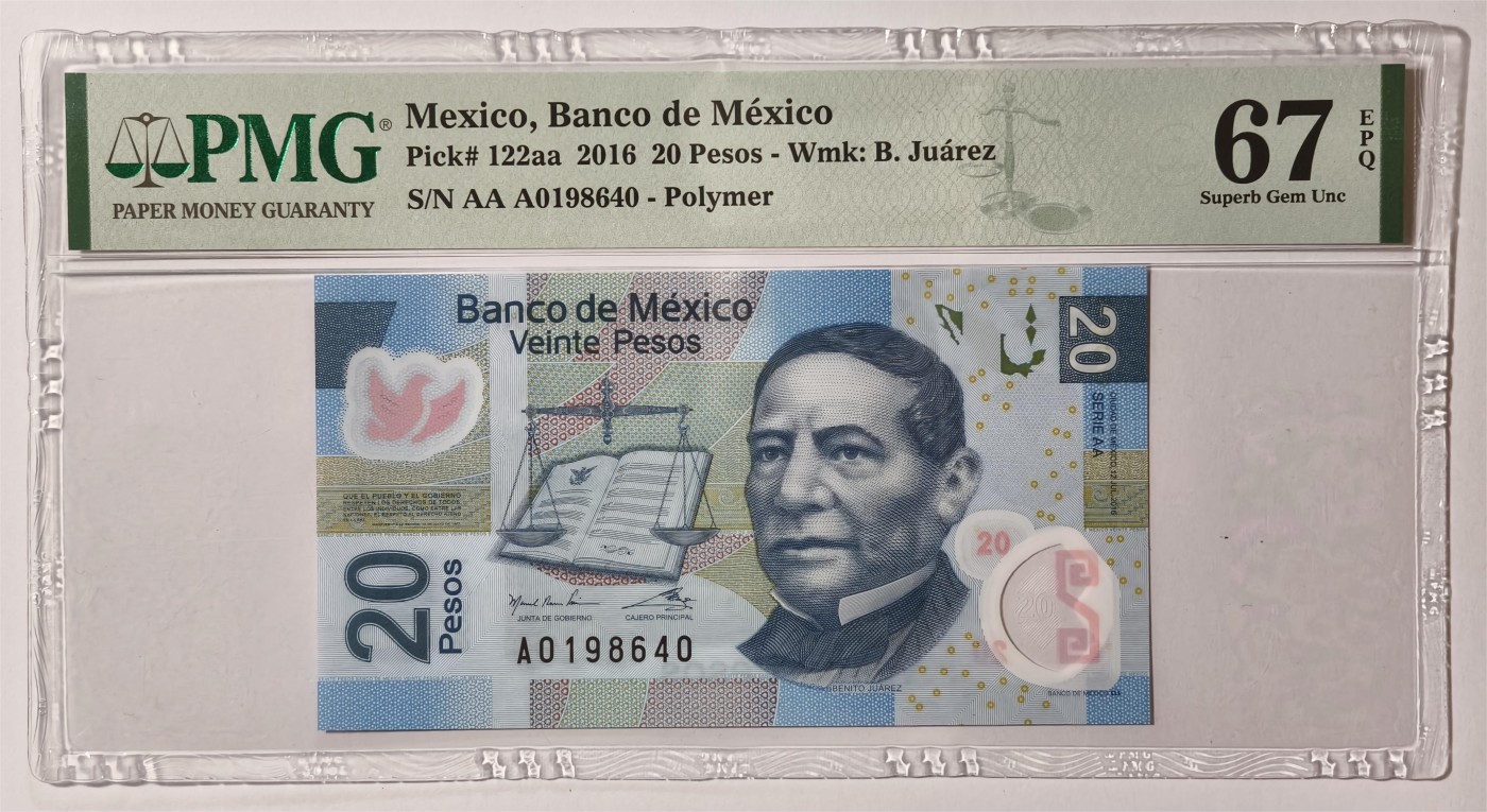 紫瑗钱币——第351期拍卖——纸币场 【首发A冠 PMG 67EPQ】墨西哥 2016年 墨西哥银行 20比索 （P-122aa）