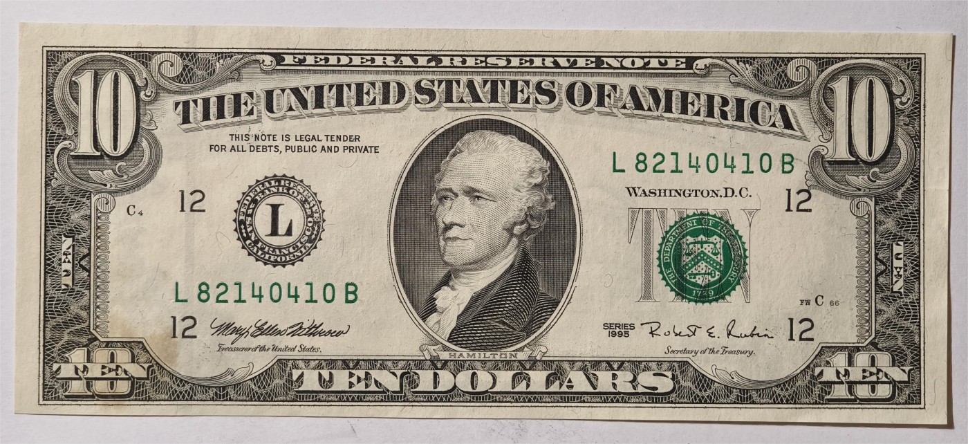 紫瑗钱币——第335期拍卖——纸币场 美国 1995年 L版 无序列 亚历山大·汉密尔顿 10美元 小头版 UNC (有脏）