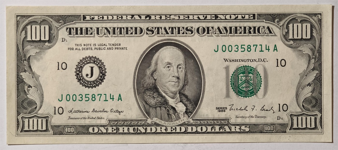 紫瑗钱币——第335期拍卖——纸币场 美国 1988年 J版 无序列 本杰明·富兰克林 100美元 小头版 UNC