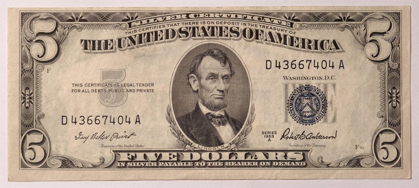 紫瑗钱币——第335期拍卖——纸币场 美国 1953年 A序列 亚伯拉罕·林肯 5美元 蓝印 银元券 AU-