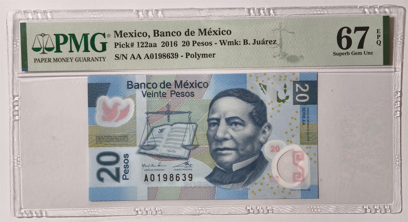 紫瑗钱币——第335期拍卖——纸币场 【首发A冠 PMG 67EPQ】墨西哥 2016年 墨西哥银行 20比索 （P-122aa）