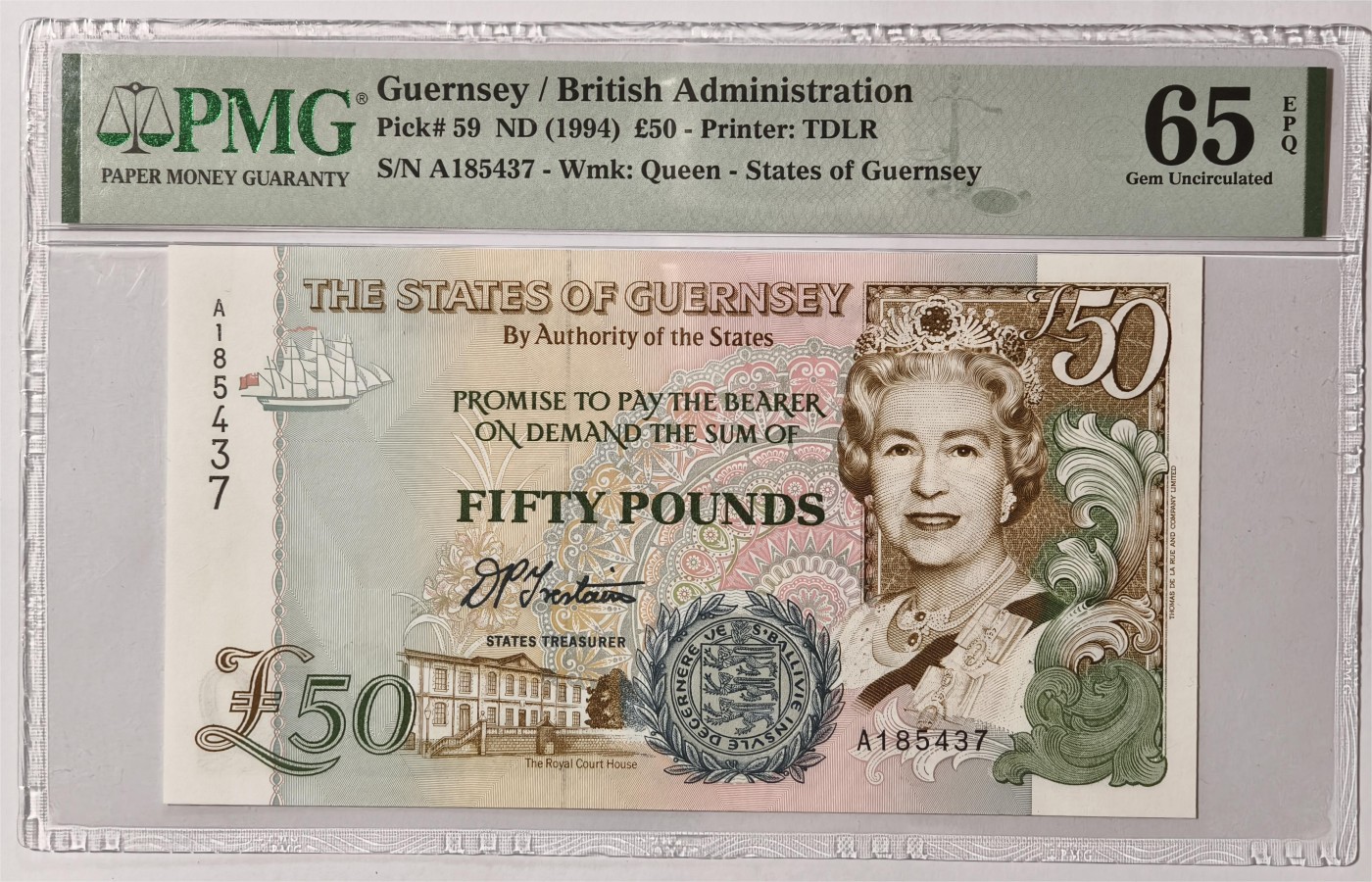 紫瑗钱币——第377期拍卖——纸币场 【首发A冠 PMG 65EPQ】格恩西 1994年 伊丽莎白二世 高冠 50磅 (P-59)