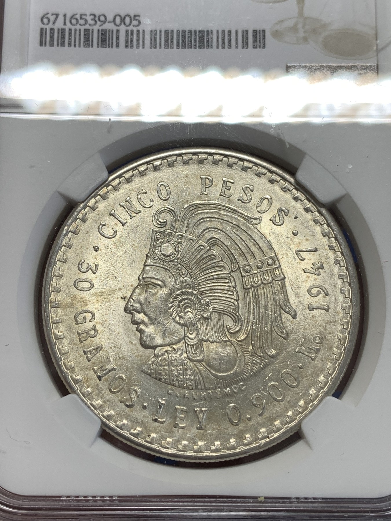 《竞宝斋》第253场-周日，周一，周二 3场连拍 (全场包邮) NGC MS63 1947年墨西哥印第安人5比索大银币 品相不错