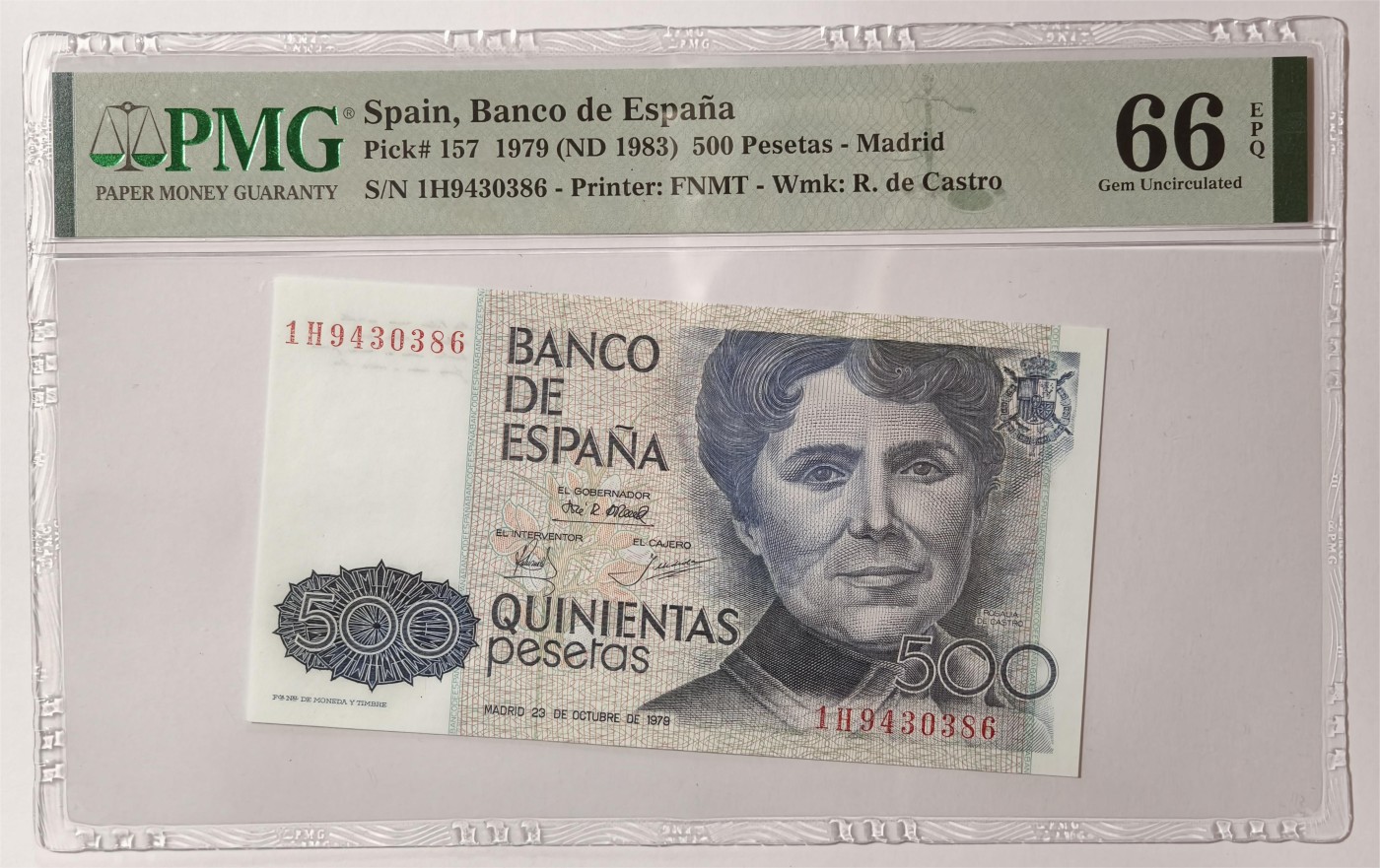 紫瑗钱币——第335期拍卖——纸币场 【PMG 66 EPQ】西班牙 1979(1983)年 罗莎莉亚·德·卡斯特罗 500比塞塔 (P-157)