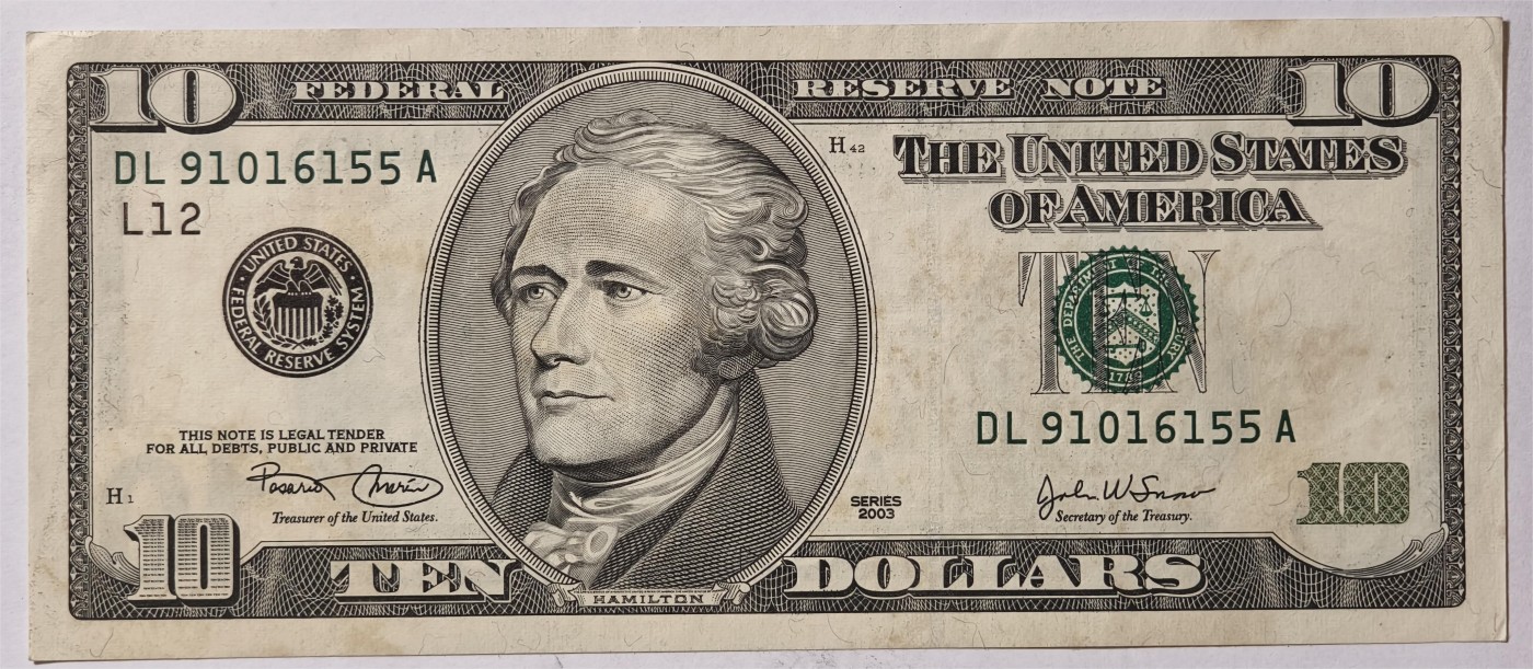 紫瑗钱币——第335期拍卖——纸币场 美国 2003年 L版 无序列 亚历山大·汉密尔顿 10美元 大头版 UNC (有脏）