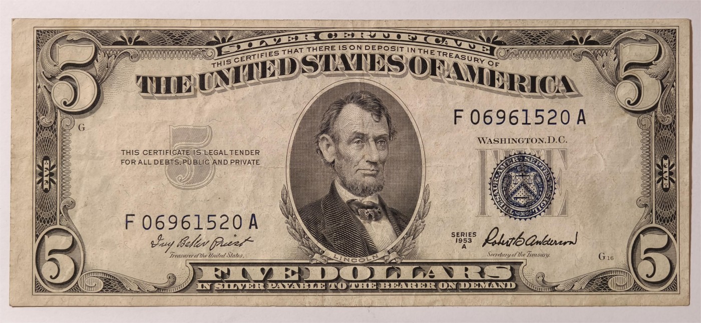 紫瑗钱币——第335期拍卖——纸币场 美国 1953年 A序列 亚伯拉罕·林肯 5美元 蓝印 银元券 流通品