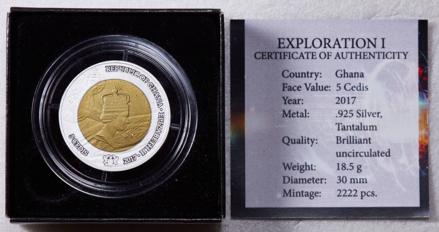 S&S Numismatic世界钱币-拍卖 第115期  加纳2017年 太空探索系列1 5塞地银+钽双色纪念银币 盒证齐全 发行量2222枚