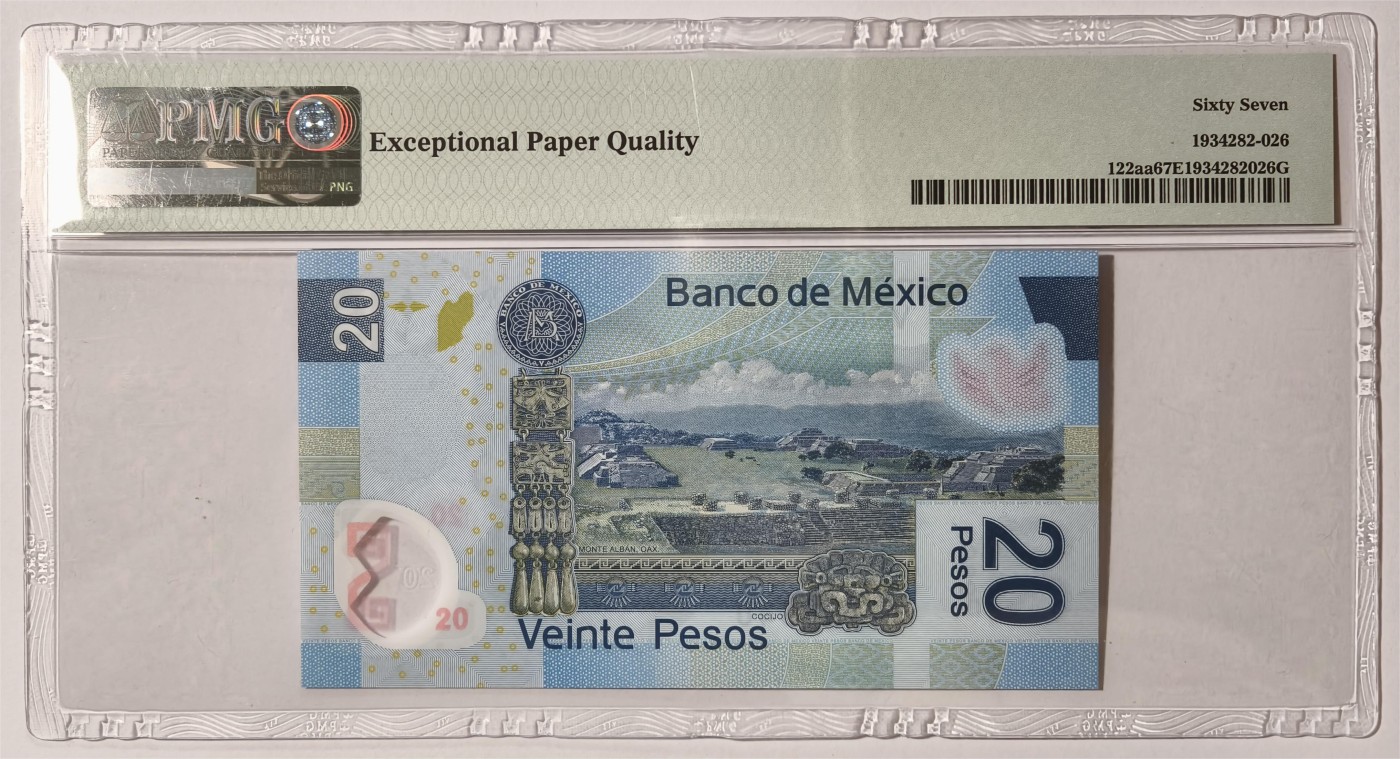 紫瑗钱币——第351期拍卖——纸币场 【首发A冠 PMG 67EPQ】墨西哥 2016年 墨西哥银行 20比索 （P-122aa）