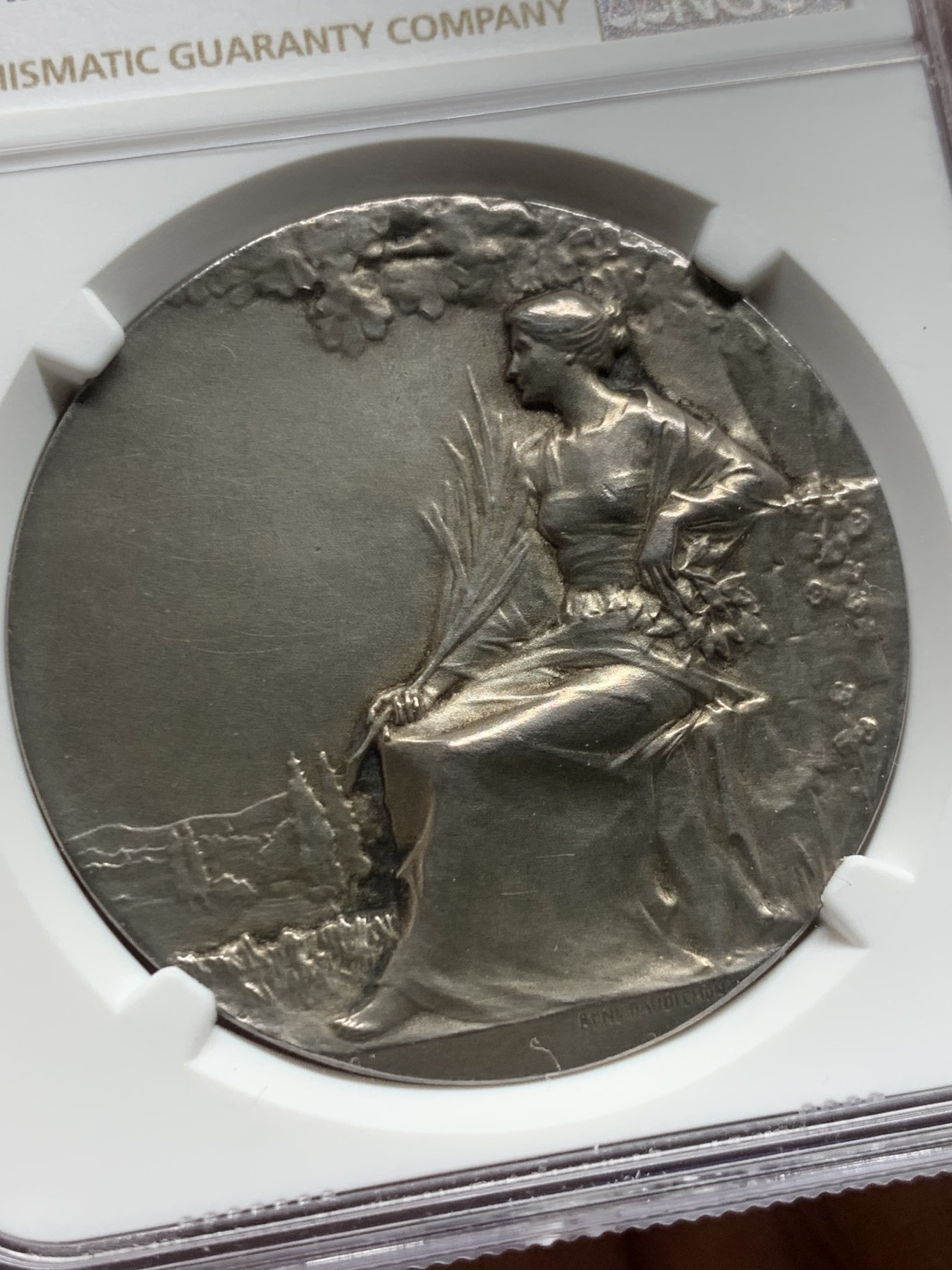 《竞宝斋》第253场-周日，周一，周二 3场连拍 (全场包邮) NGC MS62 法国1910女神坐像拳击比赛大银章，42mm大尺寸。女神坐在树下，衣纹姿态流畅，田园景致刻画生动。底板无瑕，状态极佳，N盒严评。