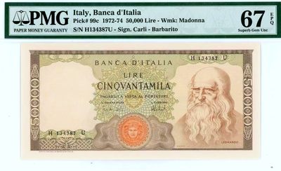 【Blue Auction】✨世界纸币精拍第456期【精】 -   意大利 1972-74年50000里拉 经典达芬奇 人像+大场景完美组合 雕刻精美 PMG67EPQ 高分