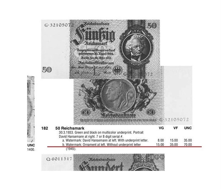 德国1933年银行家50马克 无字母花纹水印版 极美品