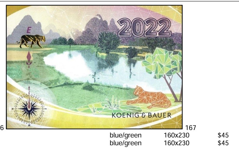 2025第25场（总第225期）：精品测试钞、纪念钞、塑料钞、连体钞综合场 德国高宝KOENIG&BAUER 2022年限量版凹印台历UNC（含原装信封和宣传册）