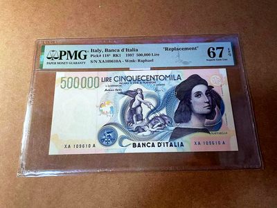 【Blue Auction】✨世界纸币精拍第456期【精】 - 【补号冠军分 倒置号】意大利 1997年50万里拉 拉斐尔 PMG67EPQ 高分 