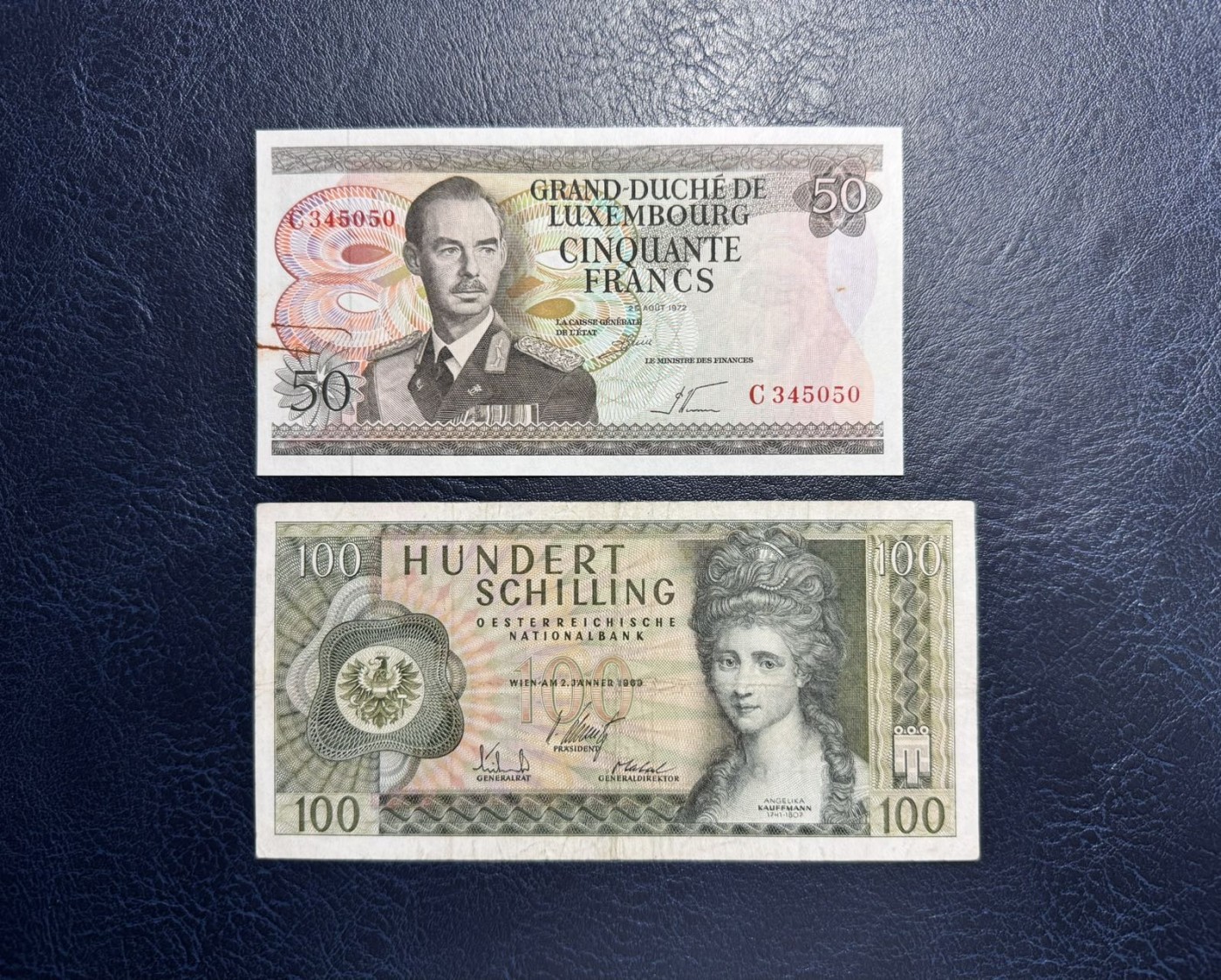 收藏联盟Quantum Auction 第335期拍卖  卢森堡1972年50法郎和奥地利1969年100先令 品相分别为UNC-和XF