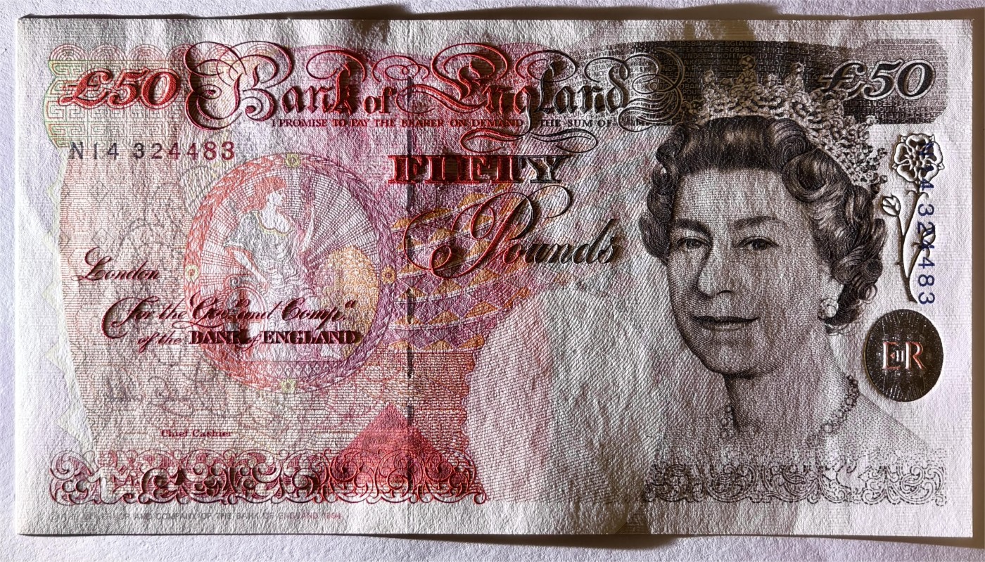 紫瑗钱币——第401期——纸币场 英国 1994年 E序列 英格兰银行第一任行长 约翰·霍布伦 50英镑  UNC