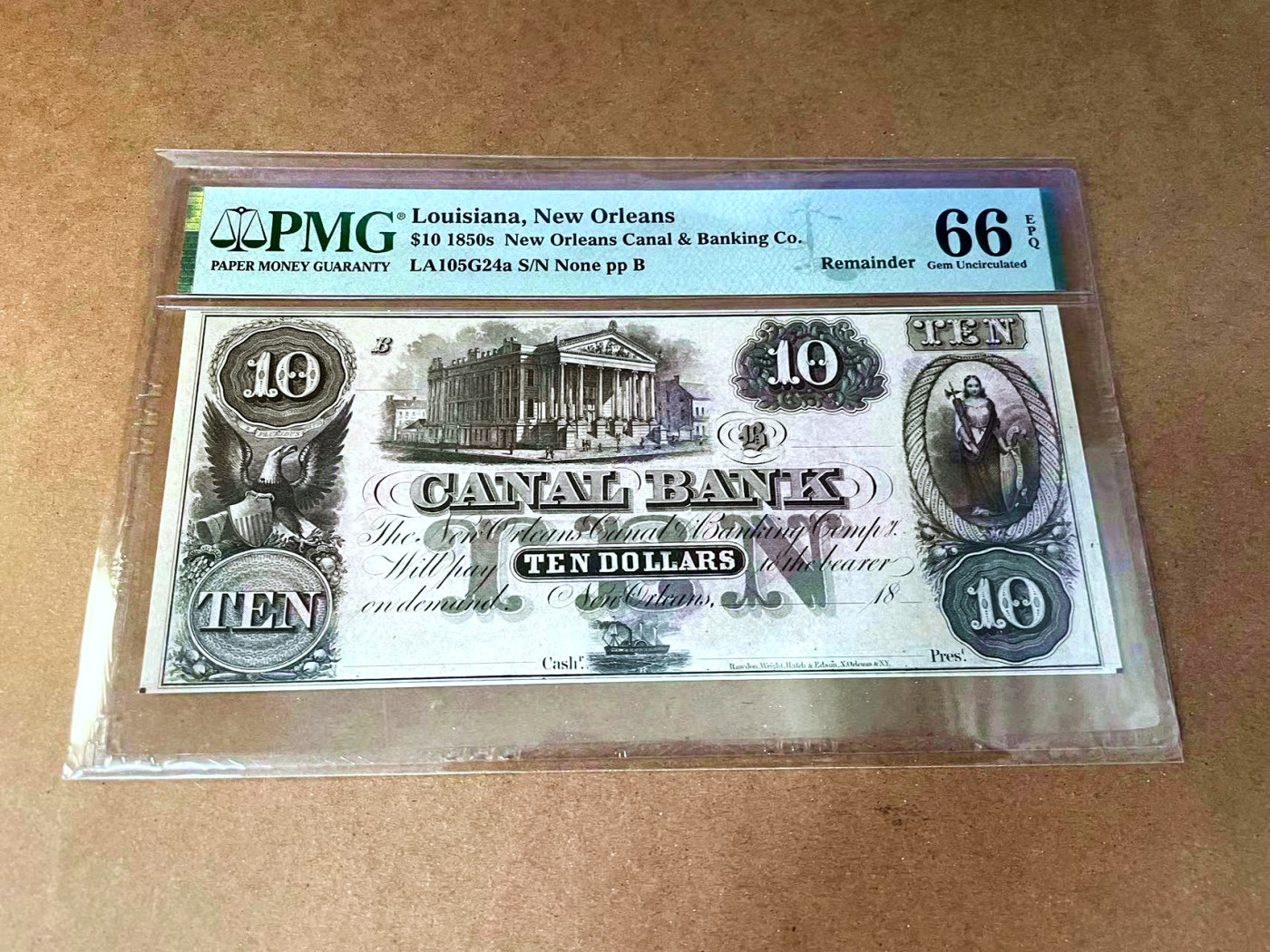 【Blue Auction】✨世界纸币精拍第457期【精】 美国 路易斯安那州 1850年代10美金 PMG66EPQ 双面设计精美