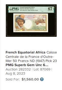 【Blue Auction】✨世界纸币精拍第457期【精】  【冠军分 无加盖大珍】法属赤道非洲 1947年50法郎 经典白奶球 PMG67EPQ 顶级高分 法属爱好者必备 非常少见 都沉淀在大藏家手上 正面人物：法国著名商人和冒险家Belain d'Esnambuc 其于1627年建立了巴斯特尔 后成为圣基茨和尼维斯独立国家的首都
