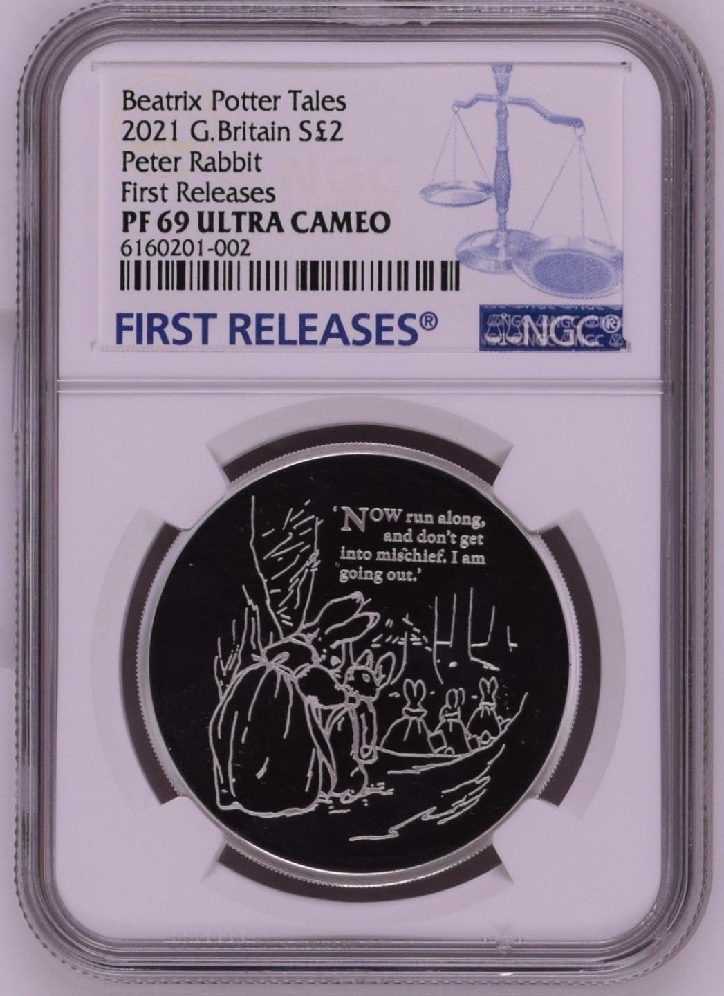 收藏联盟Quantum Auction 第335期拍卖  英国2021年2镑彼得兔精制纪念1盎司银币 NGC PF69 首发蓝标 带原装盒和证书