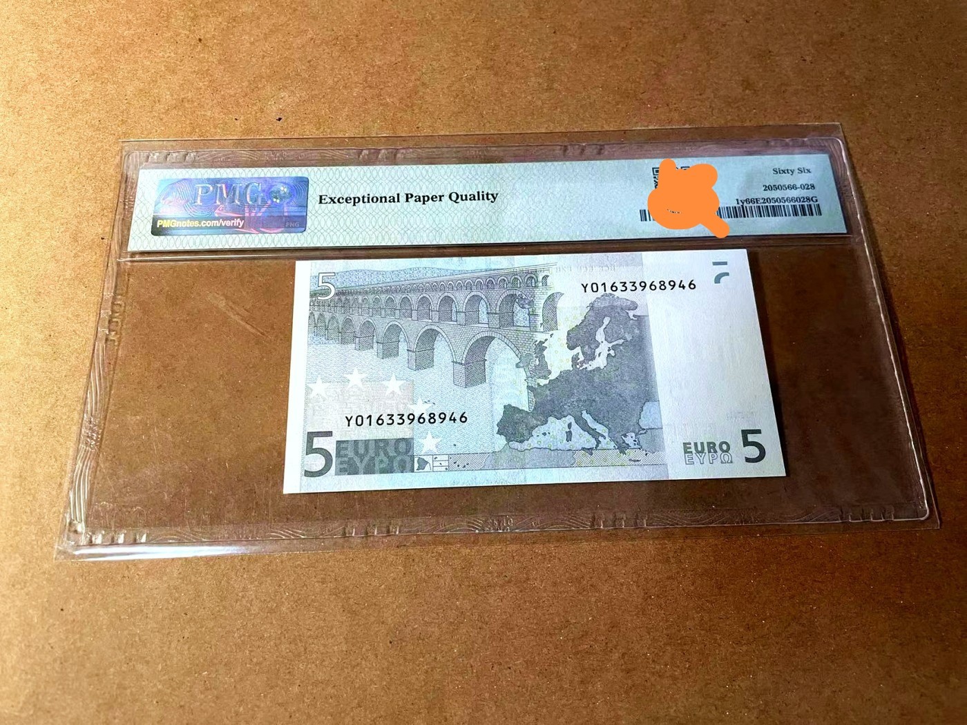 欧盟纸币Euro 稀有冠 Y希腊 一签5欧元 N厂 PMG评级66