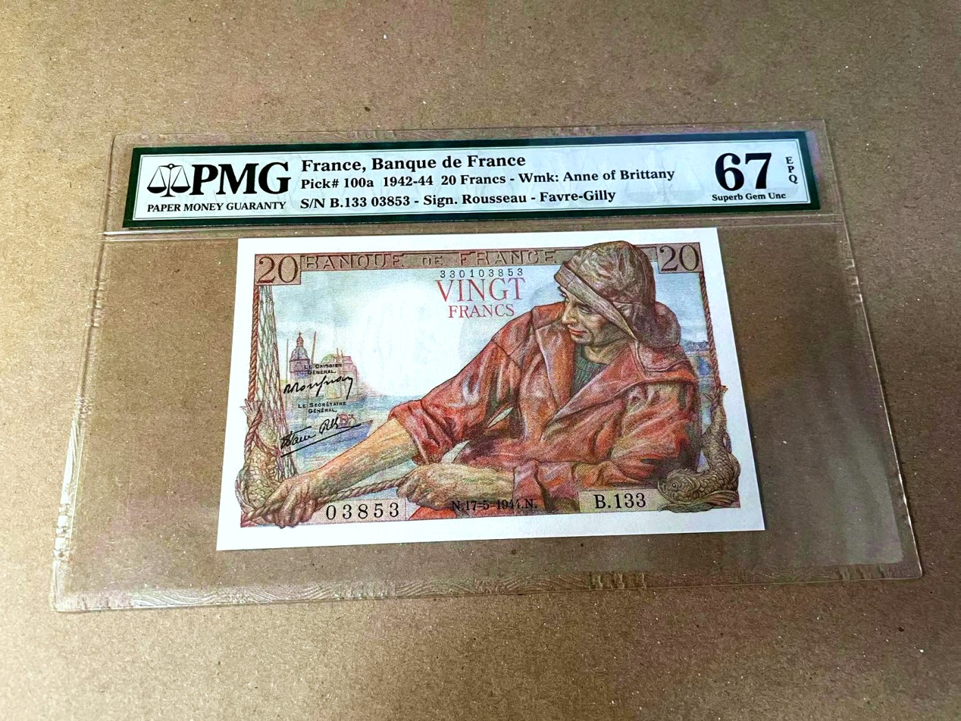 【Blue Auction】✨世界纸币精拍第457期【精】 【无47】法国 1944年20法郎 PMG67EPQ 高分