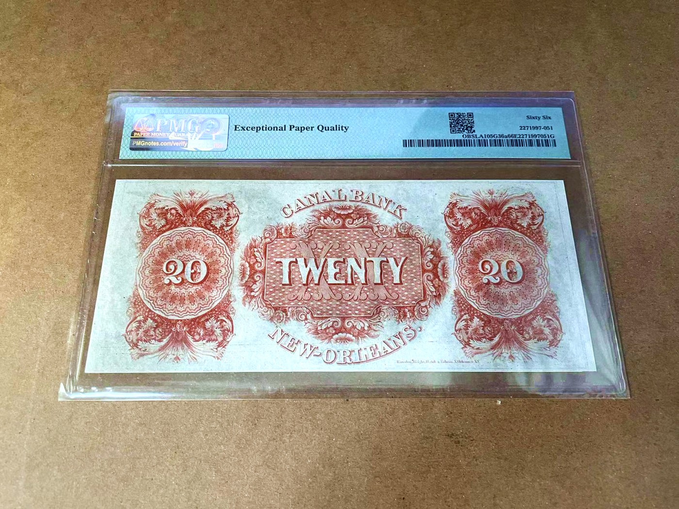 【Blue Auction】✨世界纸币精拍第457期【精】 美国 路易斯安那州 1850年代20美金 PMG66EPQ 双面设计精美