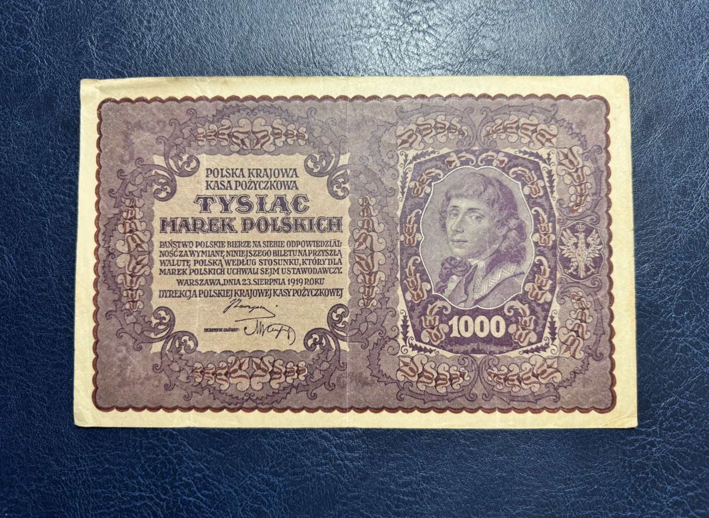 收藏联盟Quantum Auction 第335期拍卖  波兰1919年1000兹罗提 品相如图 超大票幅 波兰独立运动和爱国将领塔德乌什·柯斯丘什科