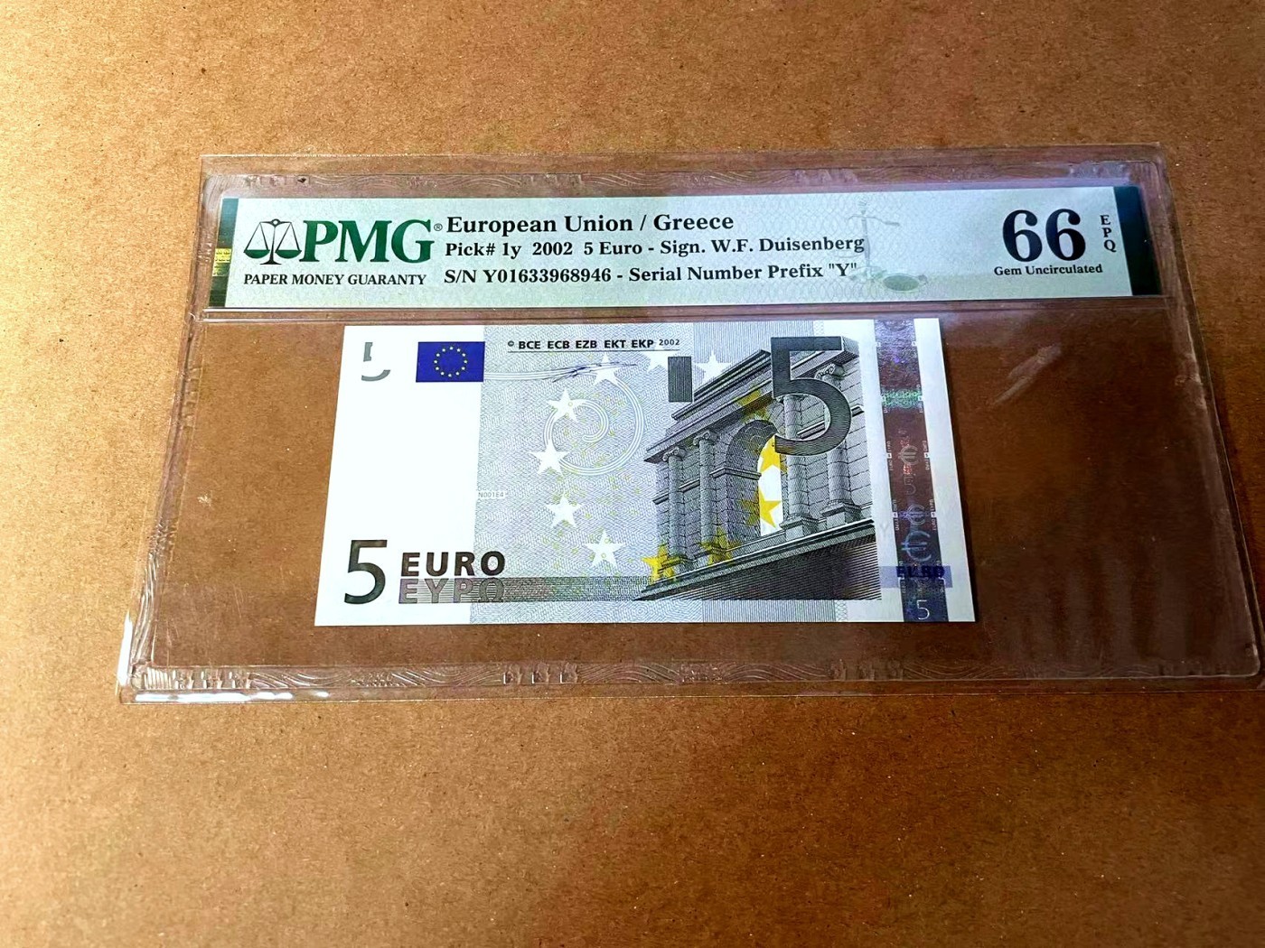 欧盟纸币Euro 稀有冠 Y希腊 一签5欧元 N厂 PMG评级66