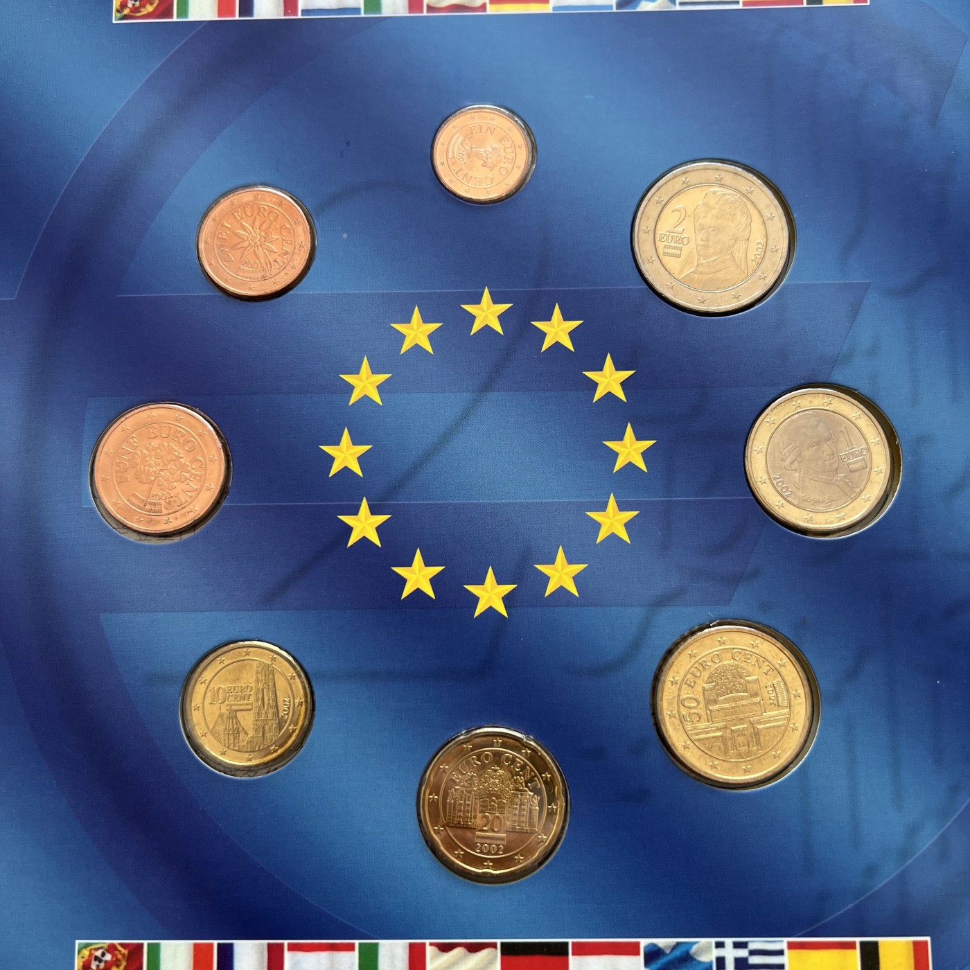  88元包顺丰 外国银币 散币 奥地利2002年欧元硬币8枚套背面有指纹