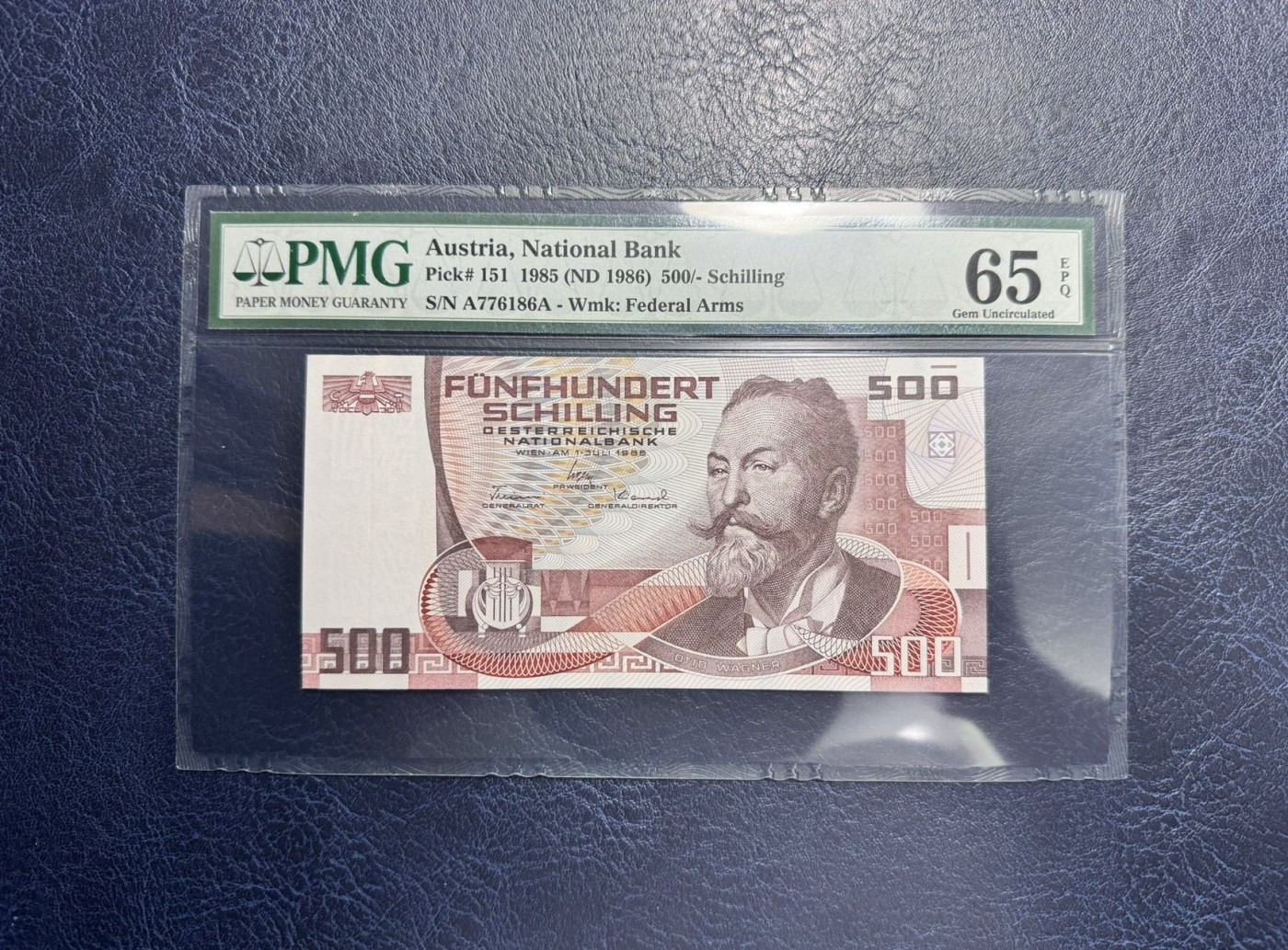 收藏联盟Quantum Auction 第335期拍卖  奥地利1985年500先令首发AA冠 PMG65 号码无4 非常少见