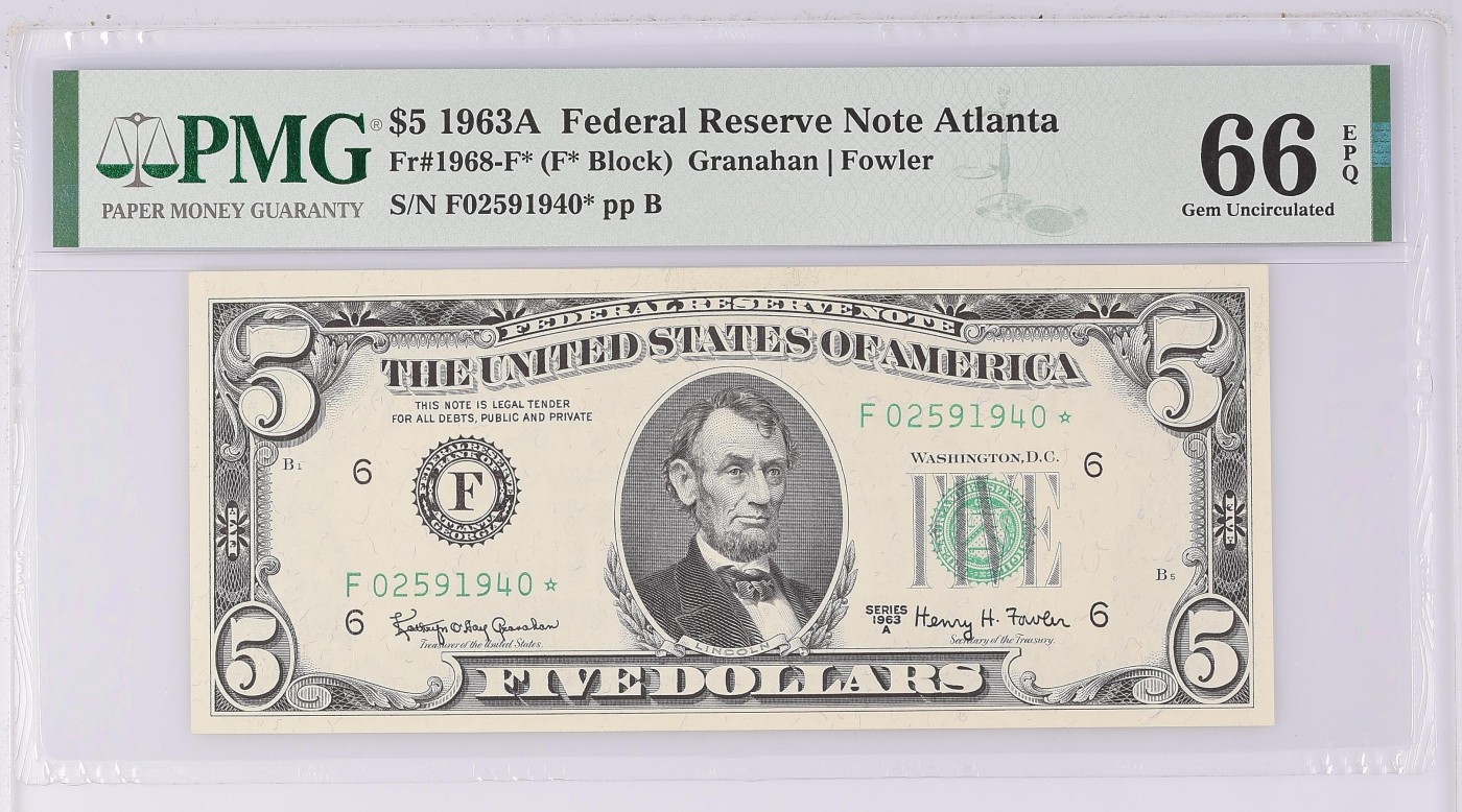 收藏联盟Quantum Auction 第335期拍卖  美国联邦储备1963年5元星补号 PMG66