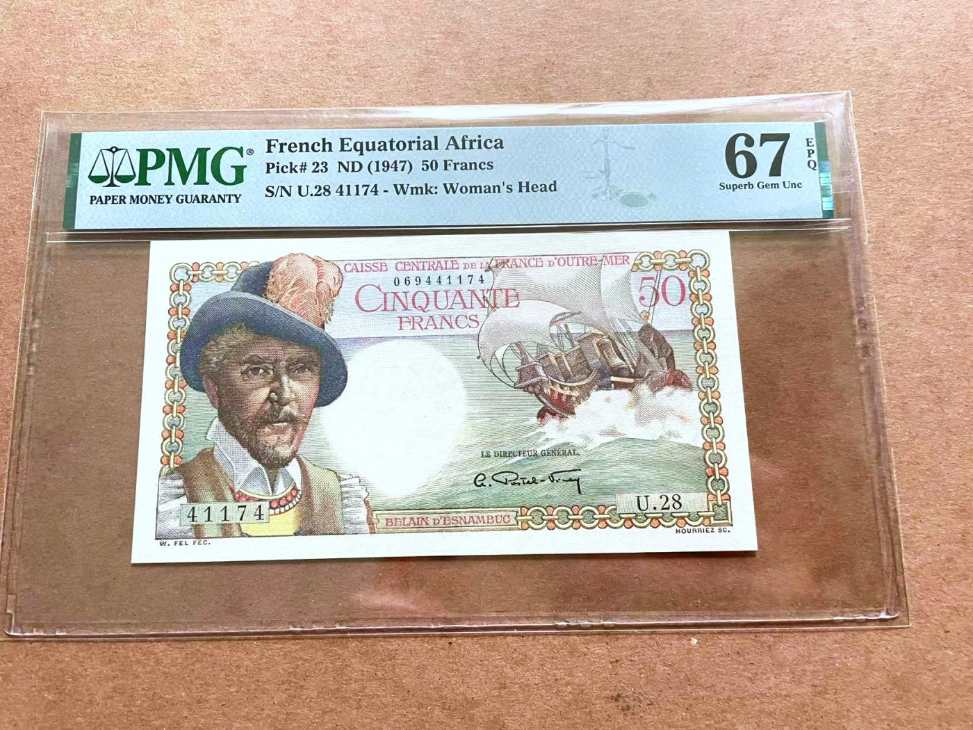 【Blue Auction】✨世界纸币精拍第457期【精】  【冠军分 无加盖大珍】法属赤道非洲 1947年50法郎 经典白奶球 PMG67EPQ 顶级高分 法属爱好者必备 非常少见 都沉淀在大藏家手上 正面人物：法国著名商人和冒险家Belain d'Esnambuc 其于1627年建立了巴斯特尔 后成为圣基茨和尼维斯独立国家的首都