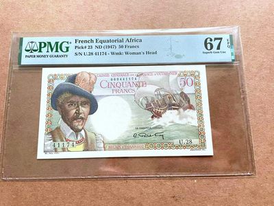 【Blue Auction】✨世界纸币精拍第457期【精】 -  【冠军分 无加盖大珍】法属赤道非洲 1947年50法郎 经典白奶球 PMG67EPQ 顶级高分 法属爱好者必备 非常少见 都沉淀在大藏家手上 正面人物：法国著名商人和冒险家Belain d'Esnambuc 其于1627年建立了巴斯特尔 后成为圣基茨和尼维斯独立国家的首都