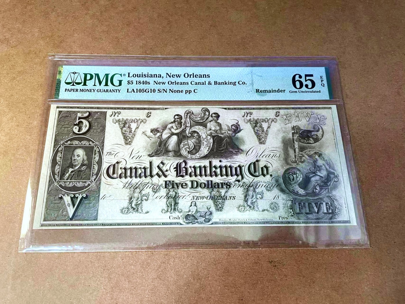 【Blue Auction】✨世界纸币精拍第457期【精】 美国 路易斯安那州 1840年代5美金 PMG65EPQ  大票幅 设计精美