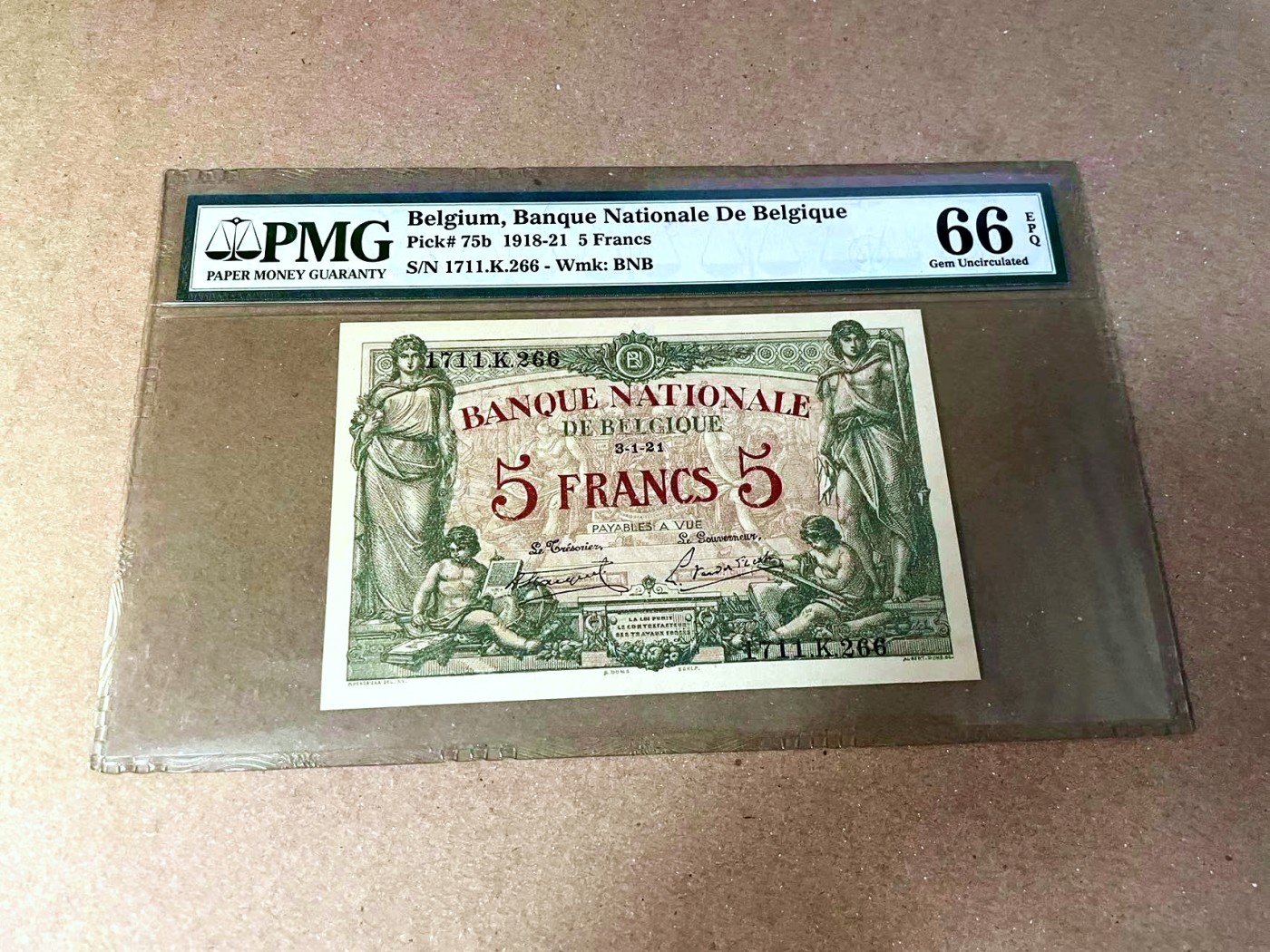 【Blue Auction】✨世界纸币精拍第457期【精】 比利时 早期 1921年5法郎 PMG66EPQ 设计精美 老壳