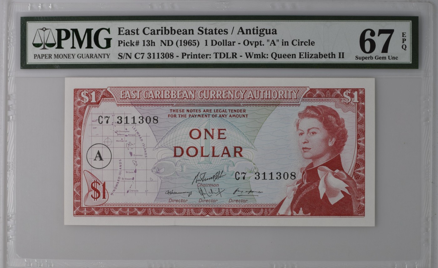 收藏联盟Quantum Auction 第335期拍卖  东加勒比地区安提瓜1965年1元 PMG67 号码无457